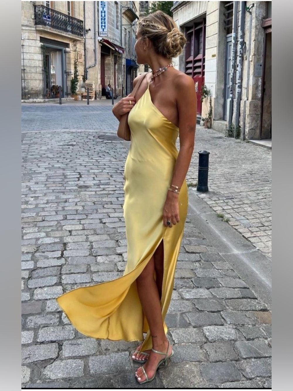 💛✨ ZARA Yellow Satin One-Shoulder Backless Maxi Dress ✨💛